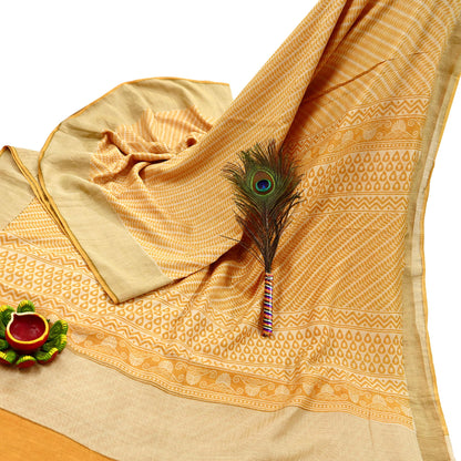 Indian Vintage Heavy Sari Beige & Yellow Pure Khadi Silk Handloom Saree Craft Fabric 5yd Ethnic Wear Dress making For Crafting Quilting