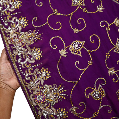 Indian Vintage Heavy Sari Purple Pure Georgette Silk Hand Beaded Sarees Craft Fabric 5Yd Sewing Soft Ethnic Wedding Sarees Dress making