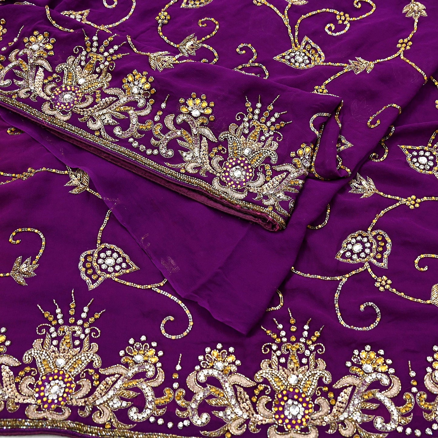 Indian Vintage Heavy Sari Purple Pure Georgette Silk Hand Beaded Sarees Craft Fabric 5Yd Sewing Soft Ethnic Wedding Sarees Dress making