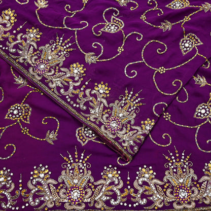 Indian Vintage Heavy Sari Purple Pure Georgette Silk Hand Beaded Sarees Craft Fabric 5Yd Sewing Soft Ethnic Wedding Sarees Dress making