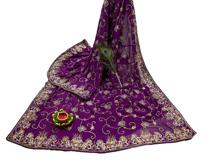 Indian Vintage Heavy Sari Purple Pure Georgette Silk Hand Beaded Sarees Craft Fabric 5Yd Sewing Soft Ethnic Wedding Sarees Dress making