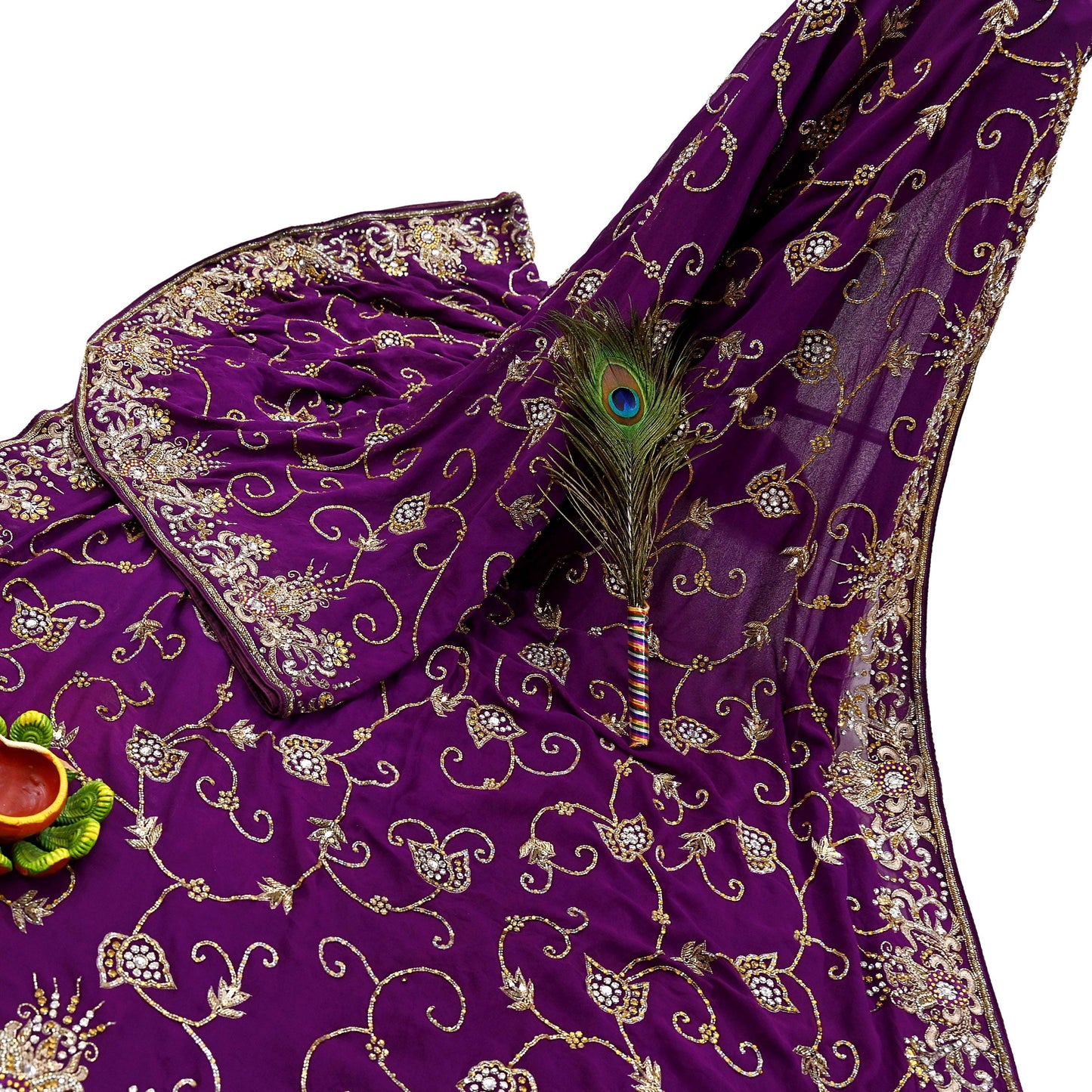 Indian Vintage Heavy Sari Purple Pure Georgette Silk Hand Beaded Sarees Craft Fabric 5Yd Sewing Soft Ethnic Wedding Sarees Dress making