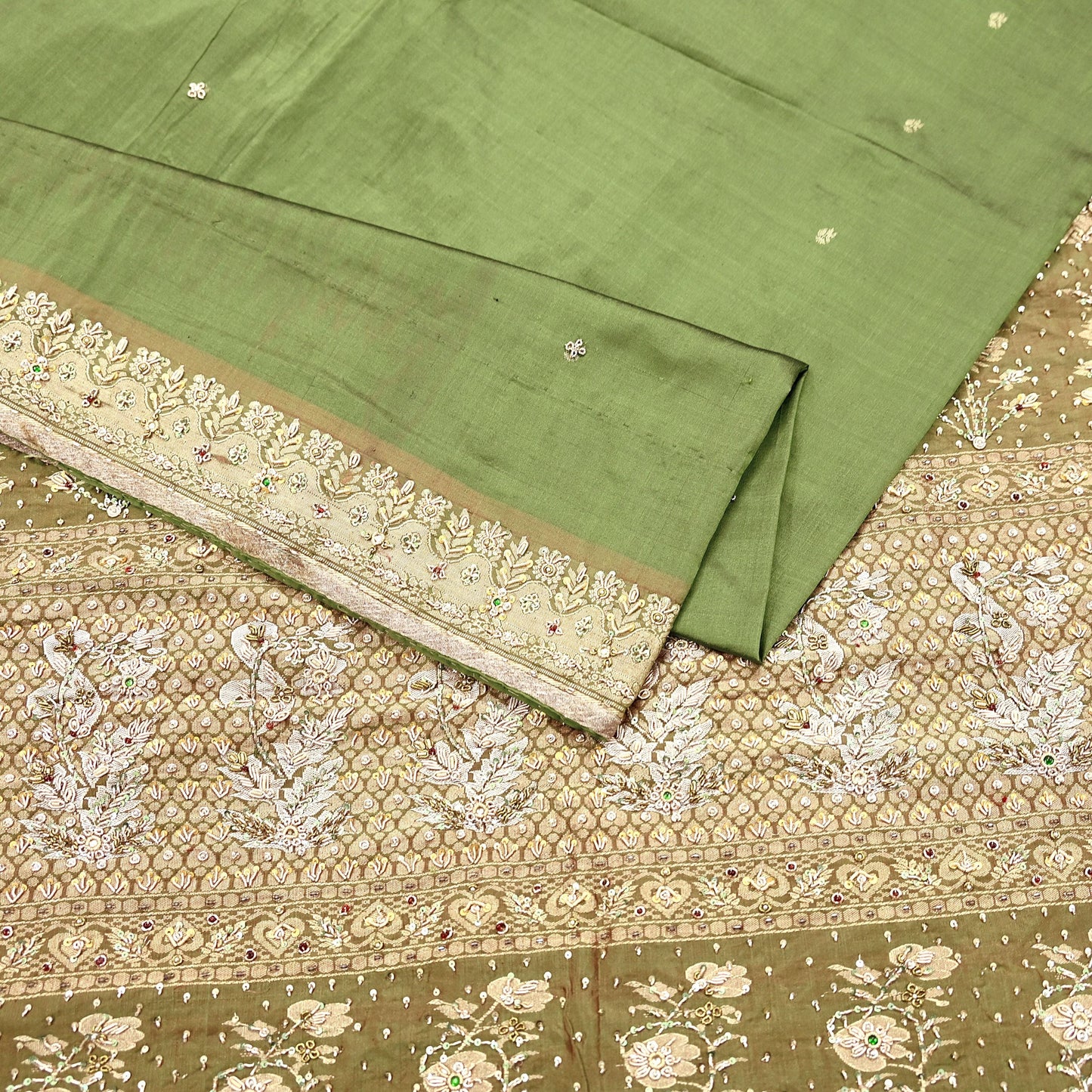 Indian Vintage Saree Green Heavy Hand Embroidered Kanjivaram Sari Pure Silk Fabric 5 Yards Dress Making Bollywood Sarees