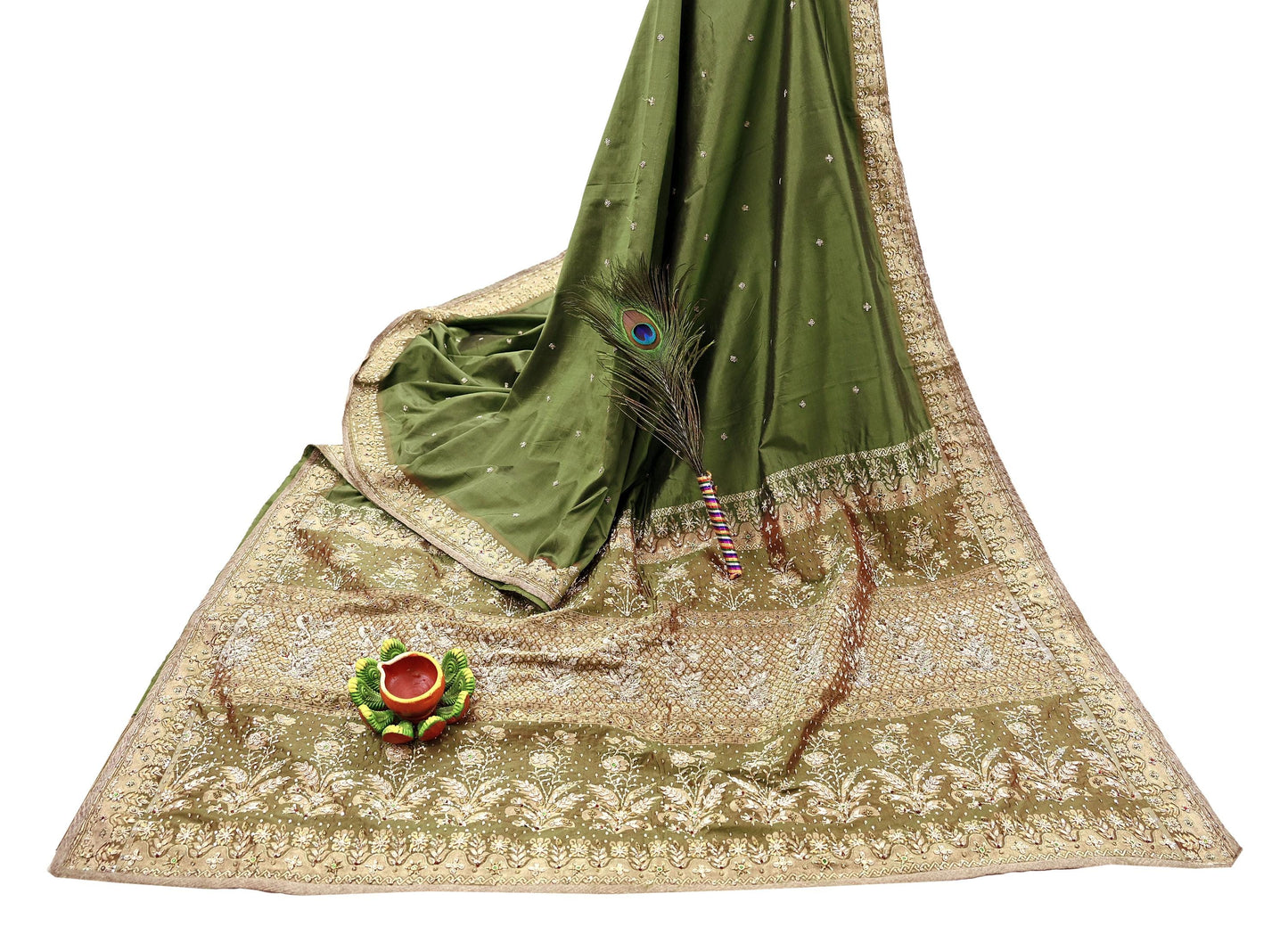 Indian Vintage Saree Green Heavy Hand Embroidered Kanjivaram Sari Pure Silk Fabric 5 Yards Dress Making Bollywood Sarees
