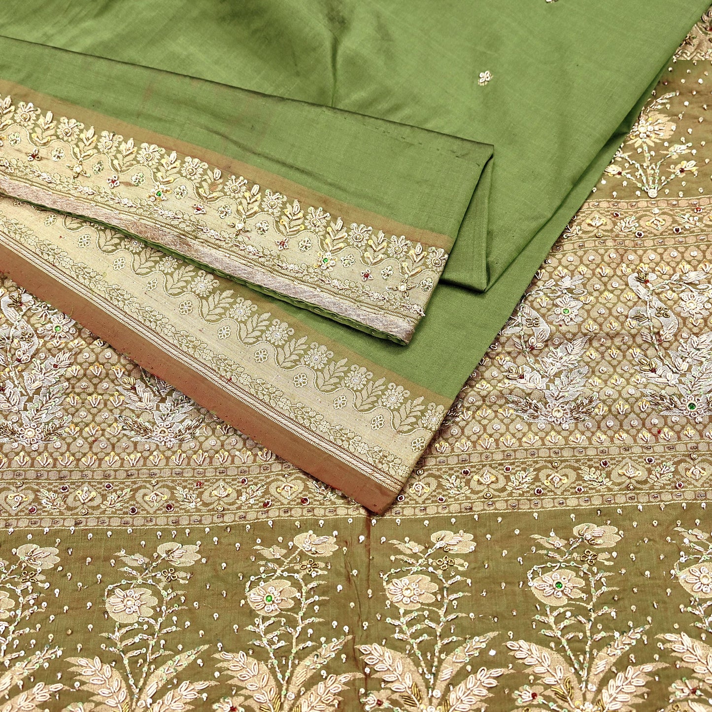 Indian Vintage Saree Green Heavy Hand Embroidered Kanjivaram Sari Pure Silk Fabric 5 Yards Dress Making Bollywood Sarees