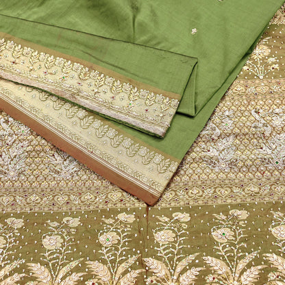 Indian Vintage Saree Green Heavy Hand Embroidered Kanjivaram Sari Pure Silk Fabric 5 Yards Dress Making Bollywood Sarees