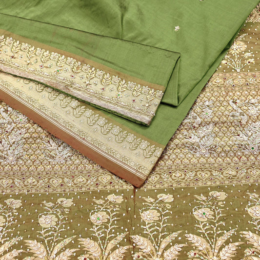 Indian Vintage Saree Green Heavy Hand Embroidered Kanjivaram Sari Pure Silk Fabric 5 Yards Dress Making Bollywood Sarees