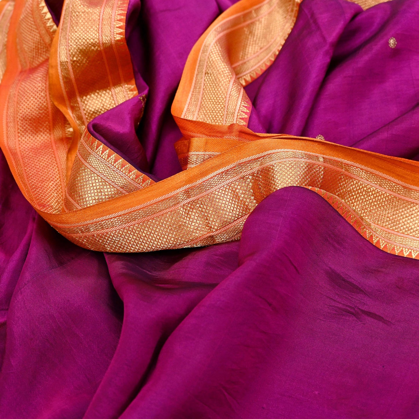 Indian Vintage Heavy Purple & Saffron Kanjivaram Saree 100% Pure Silk Sari Zari 5Yd Floral Crafting Dress making