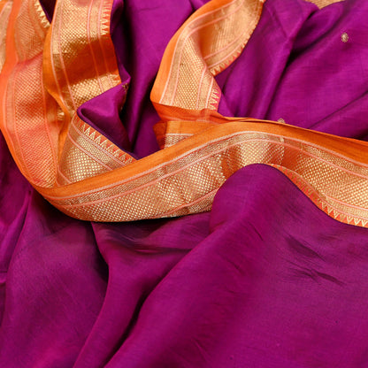 Indian Vintage Heavy Purple & Saffron Kanjivaram Saree 100% Pure Silk Sari Zari 5Yd Floral Crafting Dress making