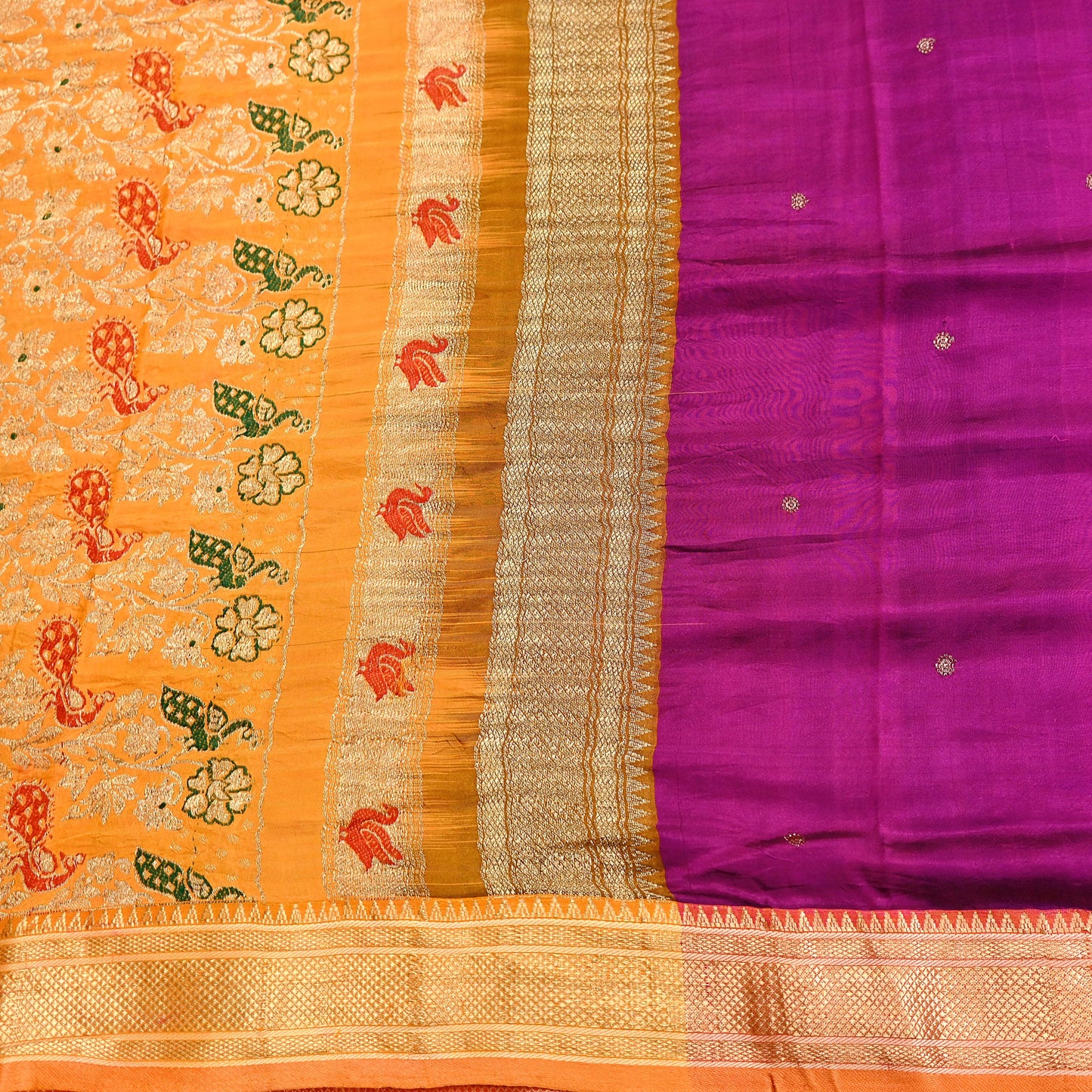 Indian Vintage Heavy Purple & Saffron Kanjivaram Saree 100% Pure Silk Sari Zari 5Yd Floral Crafting Dress making