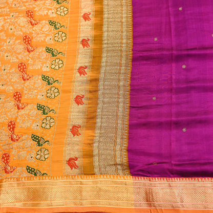 Indian Vintage Heavy Purple & Saffron Kanjivaram Saree 100% Pure Silk Sari Zari 5Yd Floral Crafting Dress making