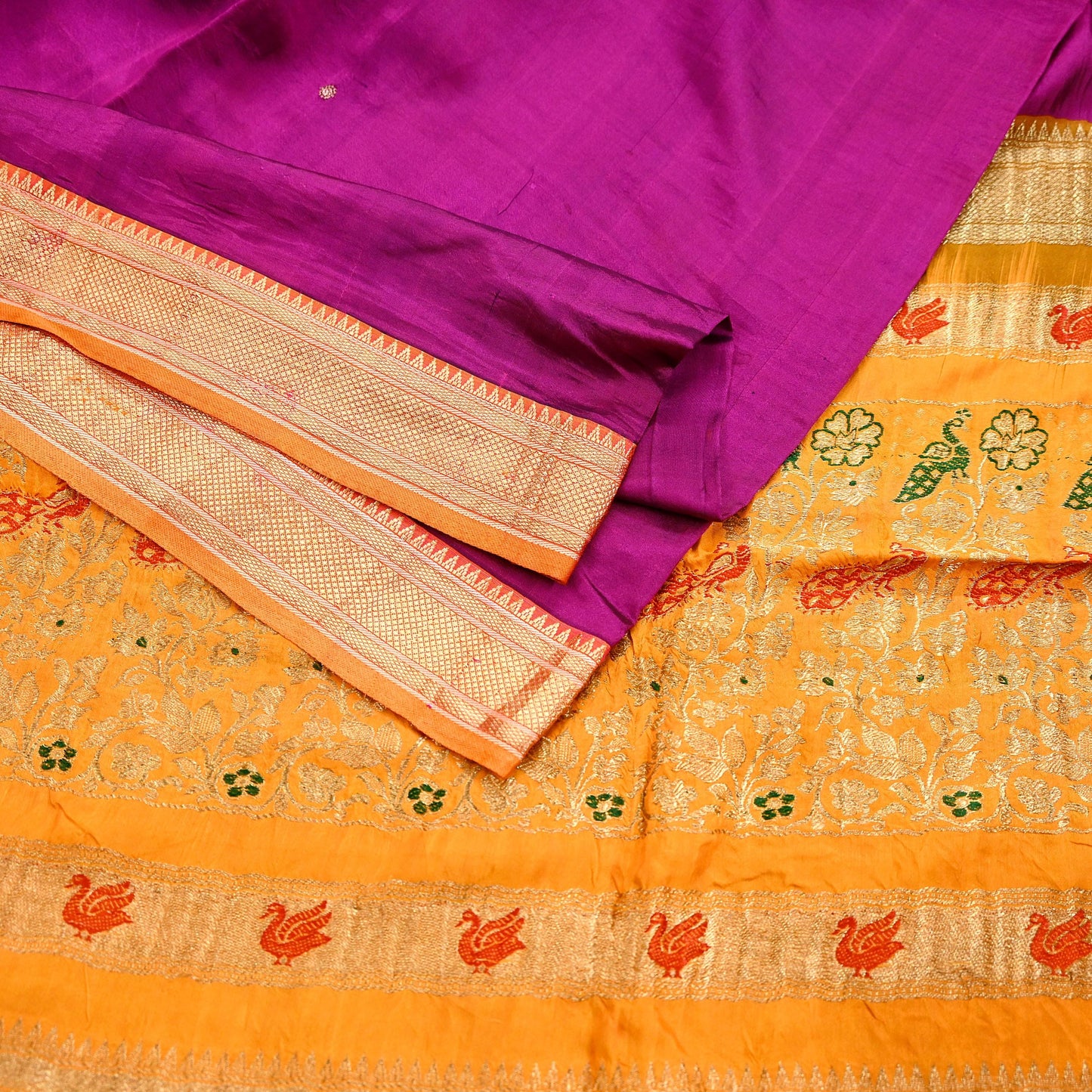 Indian Vintage Heavy Purple & Saffron Kanjivaram Saree 100% Pure Silk Sari Zari 5Yd Floral Crafting Dress making