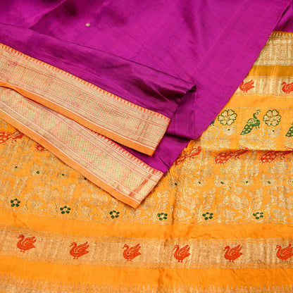 Indian Vintage Heavy Purple & Saffron Kanjivaram Saree 100% Pure Silk Sari Zari 5Yd Floral Crafting Dress making