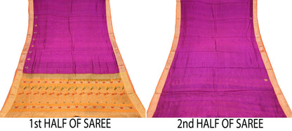 Indian Vintage Heavy Purple & Saffron Kanjivaram Saree 100% Pure Silk Sari Zari 5Yd Floral Crafting Dress making