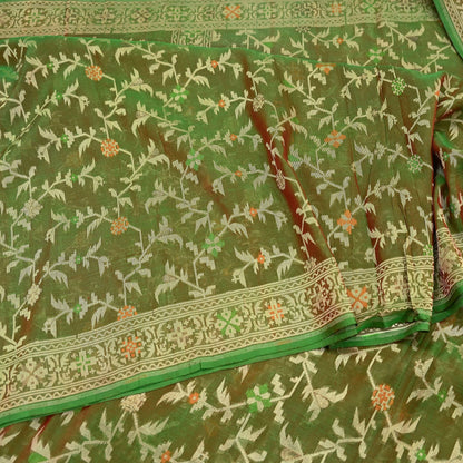 Indian Vintage Sari Green 100% Pure Silk Hand Woven Sarees Craft Fabric 5Yd Ethnic Sewing Dress making Crafting Quilting Upcycle