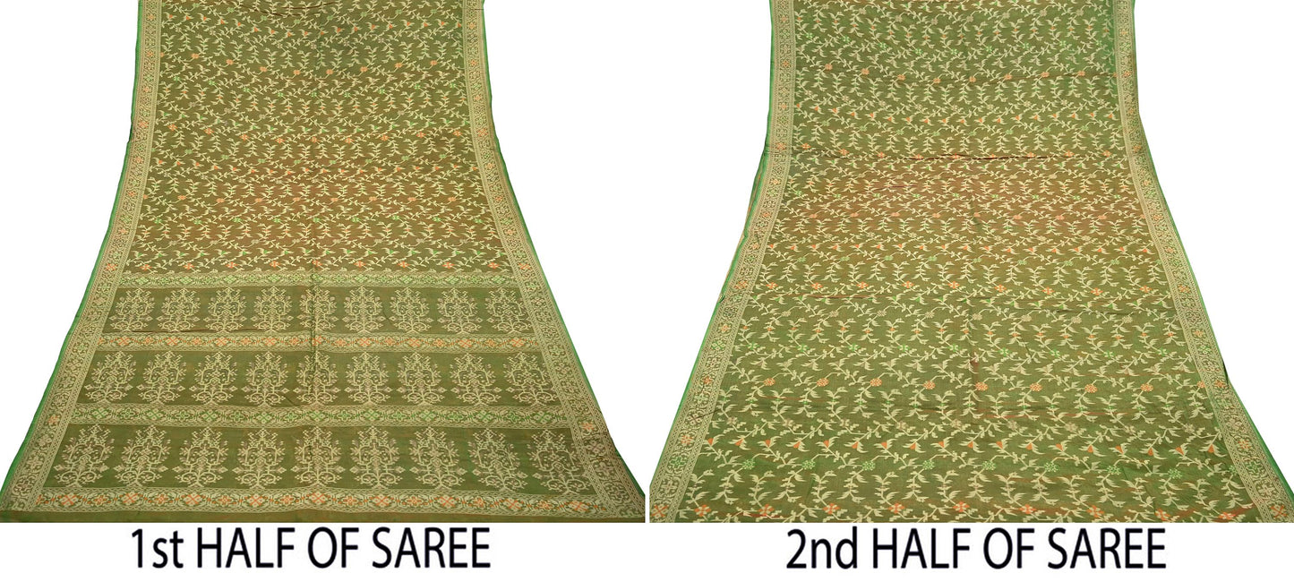Indian Vintage Sari Green 100% Pure Silk Hand Woven Sarees Craft Fabric 5Yd Ethnic Sewing Dress making Crafting Quilting Upcycle