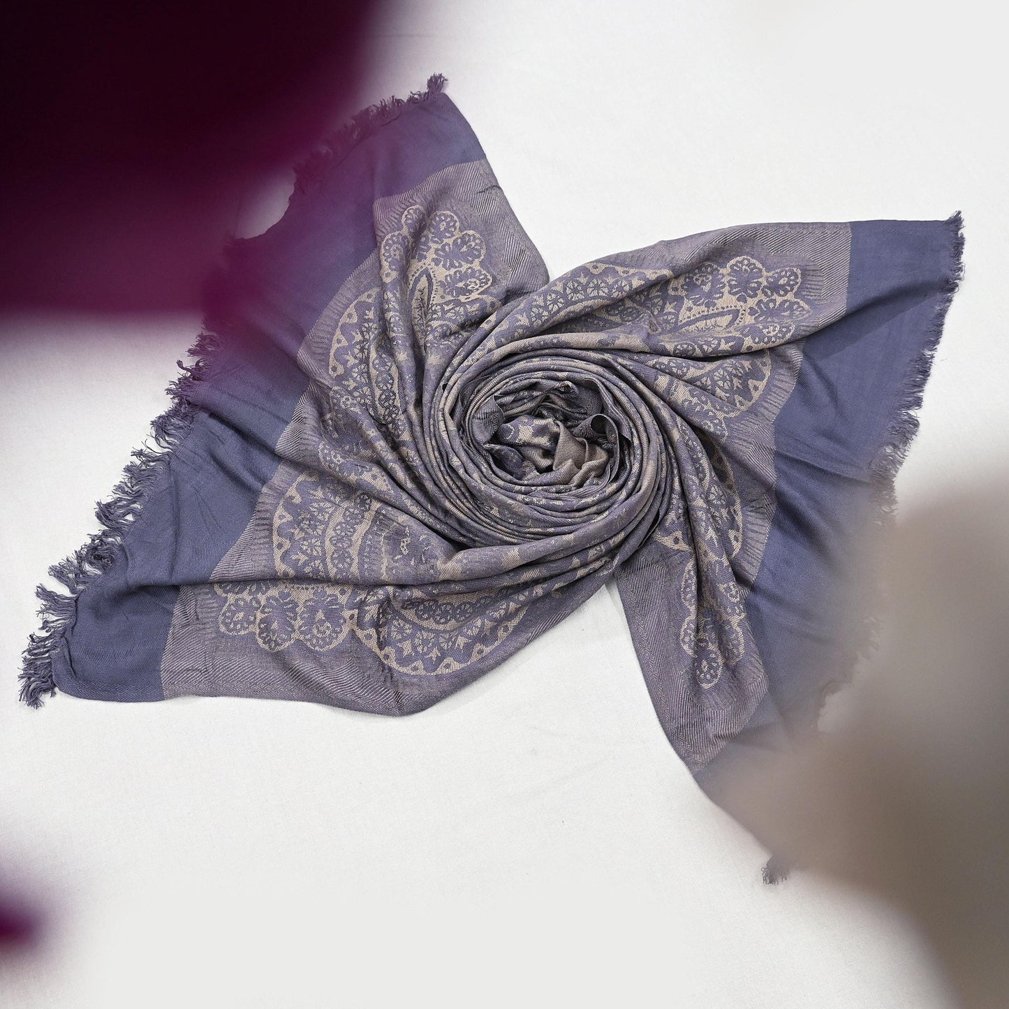 Vintage Gray & Beige Viscose Stole Handmade Woven Long Throw Stole Warm Floral Design Fringes