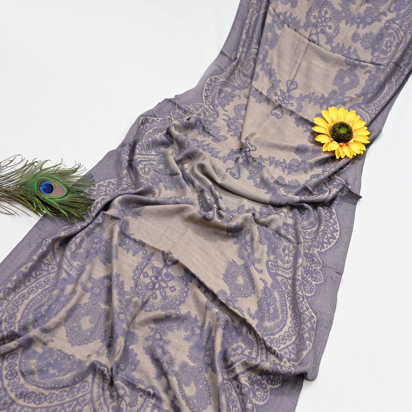 Vintage Gray & Beige Viscose Stole Handmade Woven Long Throw Stole Warm Floral Design Fringes