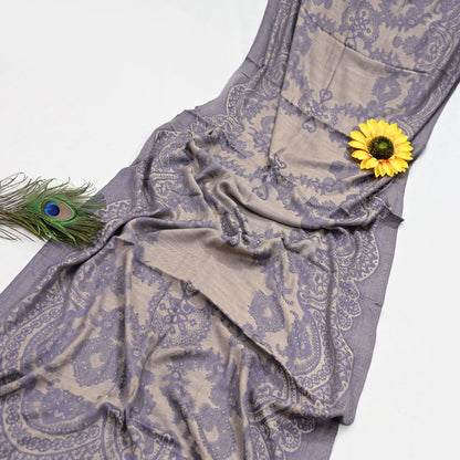 Vintage Gray & Beige Viscose Stole Handmade Woven Long Throw Stole Warm Floral Design Fringes