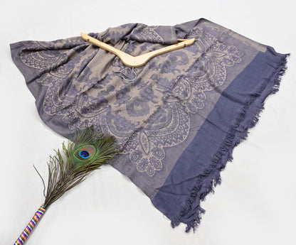 Vintage Gray & Beige Viscose Stole Handmade Woven Long Throw Stole Warm Floral Design Fringes