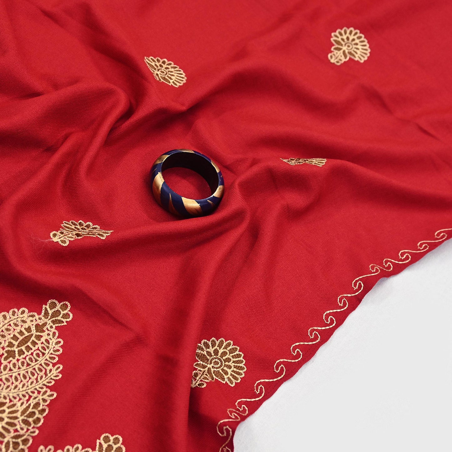 Vintage Stole Red Viscose Handmade Ari work Long Throw Warm Stole Floral Design Fringes