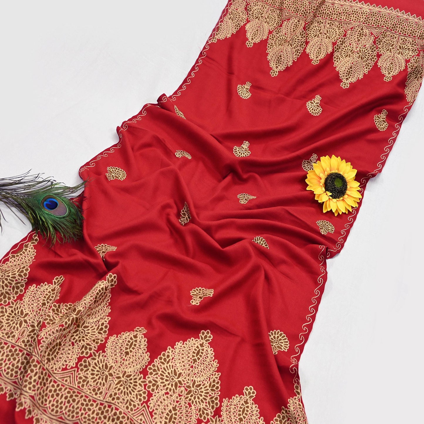 Vintage Stole Red Viscose Handmade Ari work Long Throw Warm Stole Floral Design Fringes