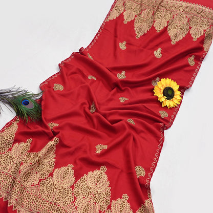 Vintage Stole Red Viscose Handmade Ari work Long Throw Warm Stole Floral Design Fringes