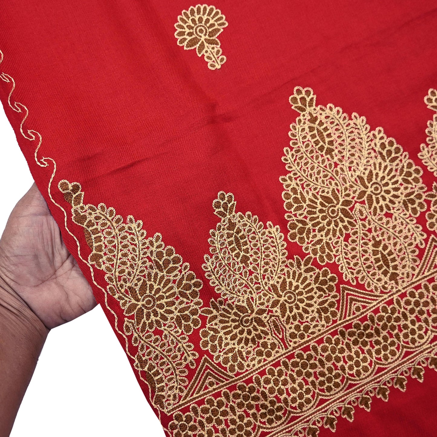 Vintage Stole Red Viscose Handmade Ari work Long Throw Warm Stole Floral Design Fringes