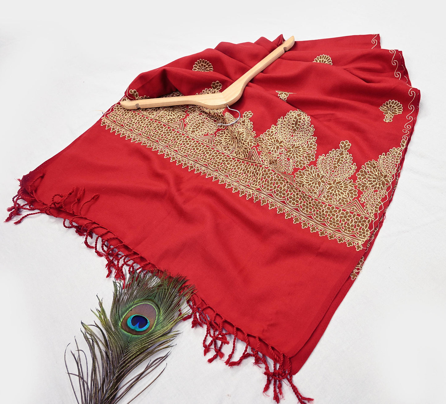 Vintage Stole Red Viscose Handmade Ari work Long Throw Warm Stole Floral Design Fringes