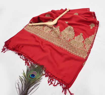 Vintage Stole Red Viscose Handmade Ari work Long Throw Warm Stole Floral Design Fringes