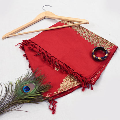 Vintage Stole Red Viscose Handmade Ari work Long Throw Warm Stole Floral Design Fringes