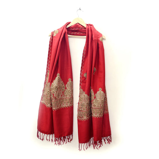 Vintage Stole Red Viscose Handmade Ari work Long Throw Warm Stole Floral Design Fringes