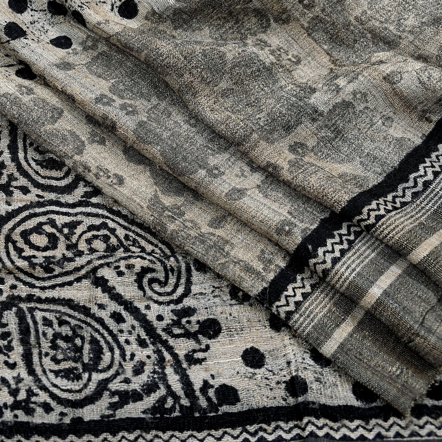 Indian Vintage Beige & Black Dupatta Long Stole 100% Pure Khadi Silk Hand Woven/ Printed Scarves Veil Scarf Wrap Hippie Fringes