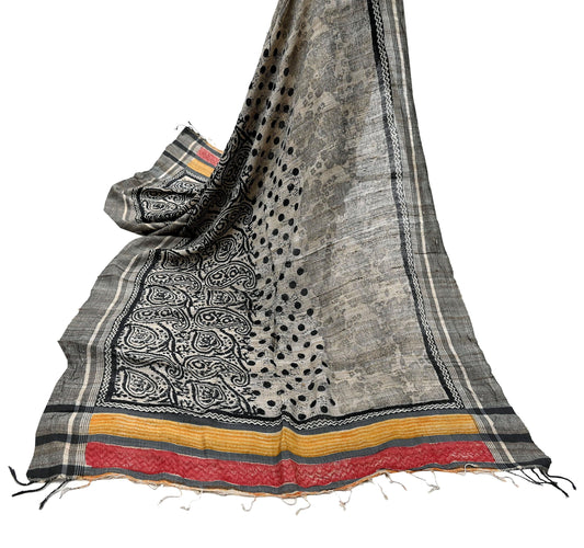 Indian Vintage Beige & Black Dupatta Long Stole 100% Pure Khadi Silk Hand Woven/ Printed Scarves Veil Scarf Wrap Hippie Fringes