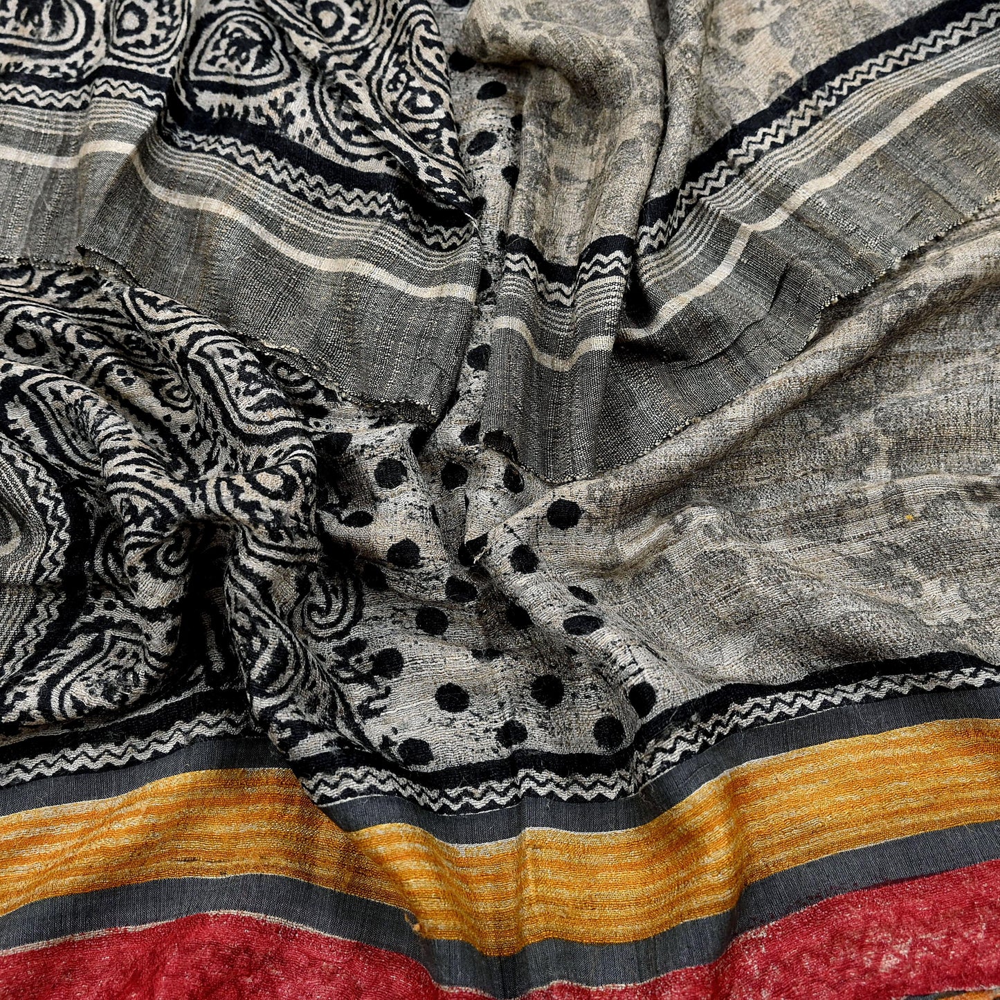 Indian Vintage Beige & Black Dupatta Long Stole 100% Pure Khadi Silk Hand Woven/ Printed Scarves Veil Scarf Wrap Hippie Fringes