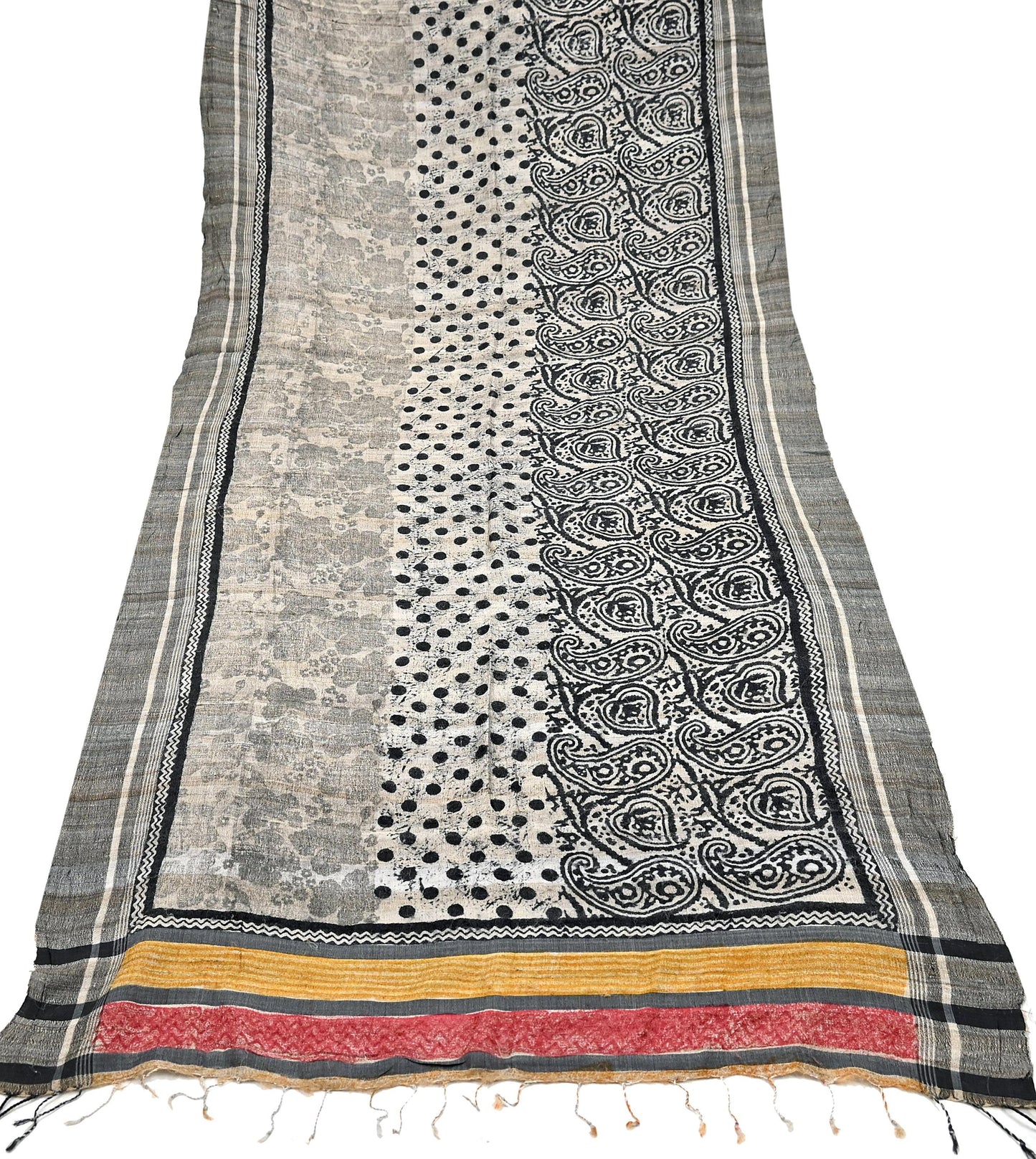 Indian Vintage Beige & Black Dupatta Long Stole 100% Pure Khadi Silk Hand Woven/ Printed Scarves Veil Scarf Wrap Hippie Fringes
