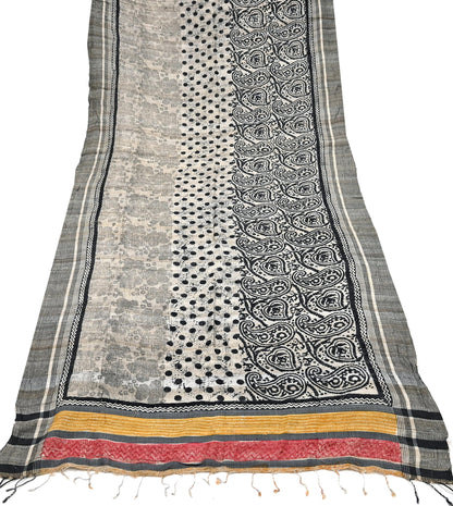 Indian Vintage Beige & Black Dupatta Long Stole 100% Pure Khadi Silk Hand Woven/ Printed Scarves Veil Scarf Wrap Hippie Fringes