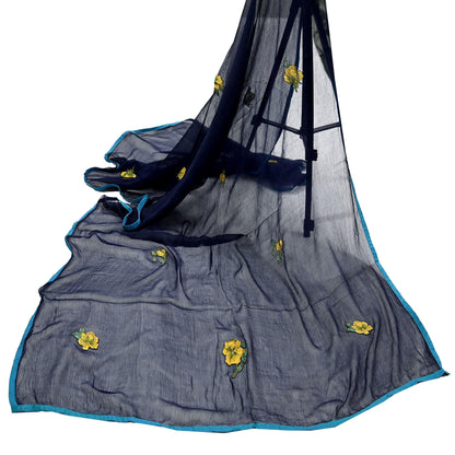 Indian Vintage Blue Dupatta Blend Chiffon Long Stole Embroidered Scarves Floral Design Stole Veil Wrap