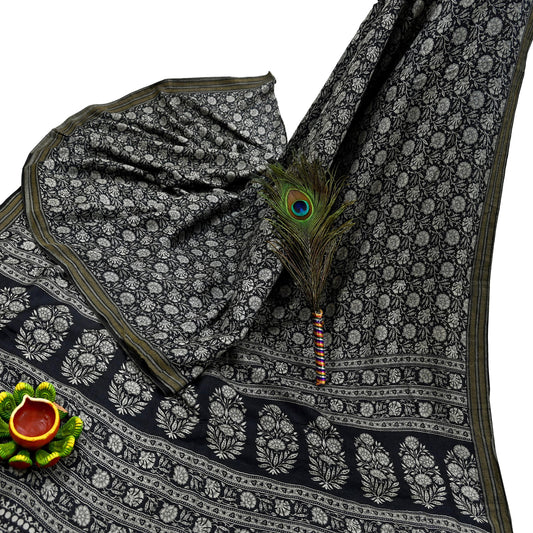 Indian Vintage Black & Gray Saree Pure Woolen Woven Printed Sari Warm Craft Fabric 5Yd Woven Border Dress making Crafting Dress Designing