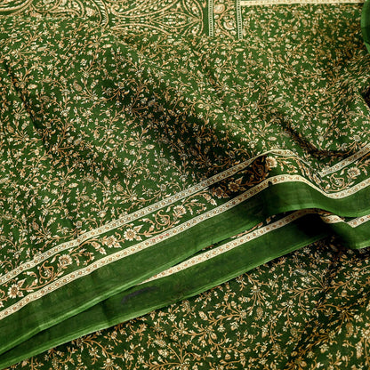 Indian Vintage Sari Beige & Green Pure Cotton Printed Sarees Craft Fabric Soft 5Yd Sarong Wrap Boho Fabric Kimono Quilting Crafting Upcycle