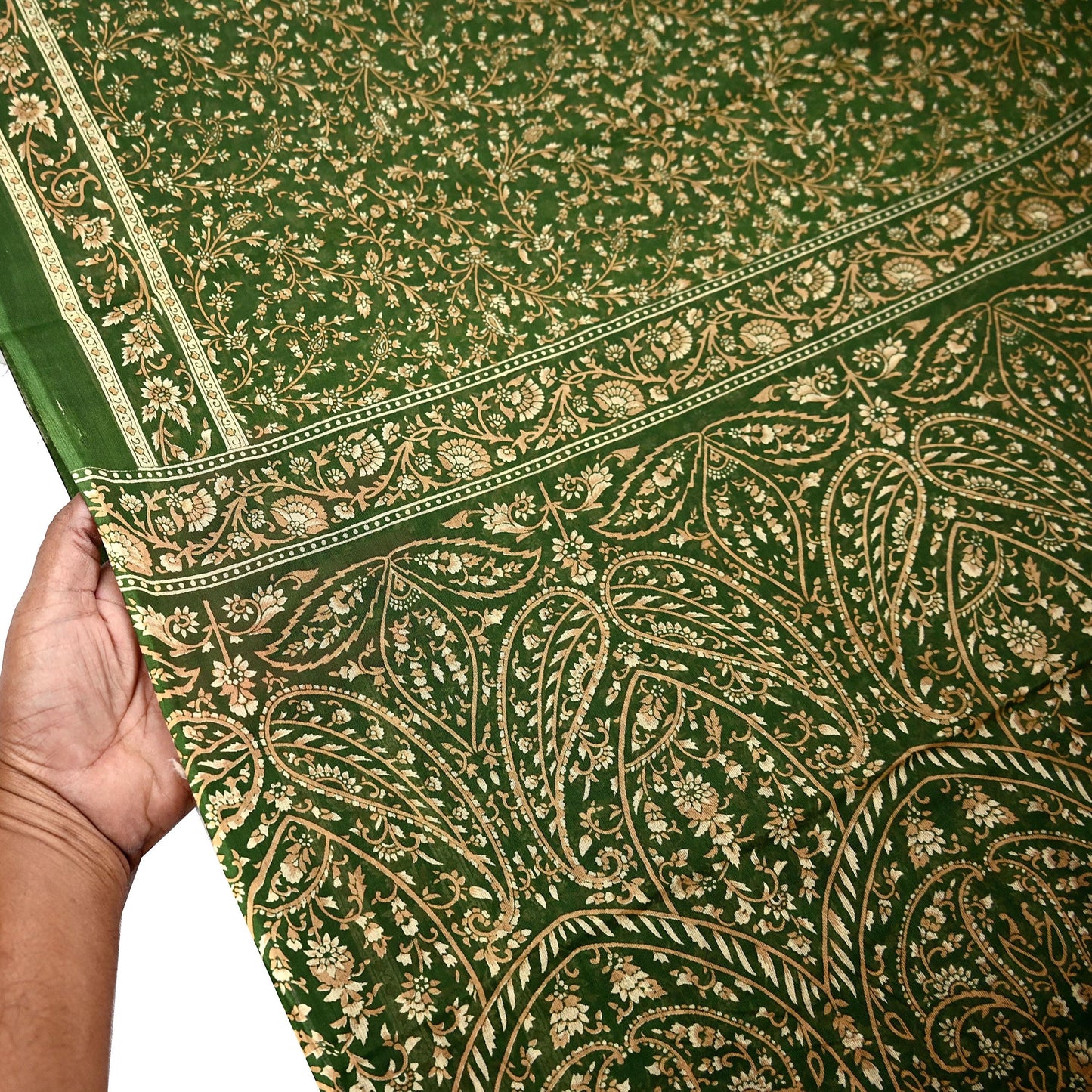 Indian Vintage Sari Beige & Green Pure Cotton Printed Sarees Craft Fabric Soft 5Yd Sarong Wrap Boho Fabric Kimono Quilting Crafting Upcycle