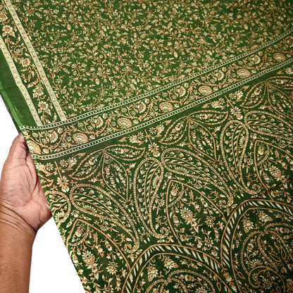 Indian Vintage Sari Beige & Green Pure Cotton Printed Sarees Craft Fabric Soft 5Yd Sarong Wrap Boho Fabric Kimono Quilting Crafting Upcycle