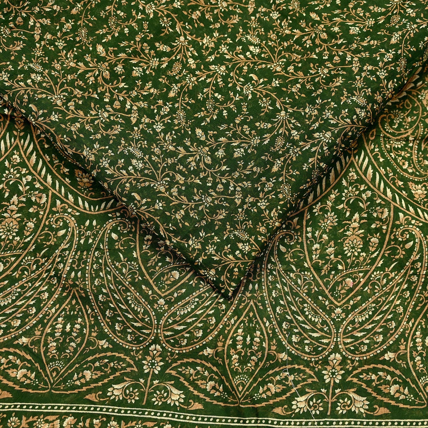 Indian Vintage Sari Beige & Green Pure Cotton Printed Sarees Craft Fabric Soft 5Yd Sarong Wrap Boho Fabric Kimono Quilting Crafting Upcycle