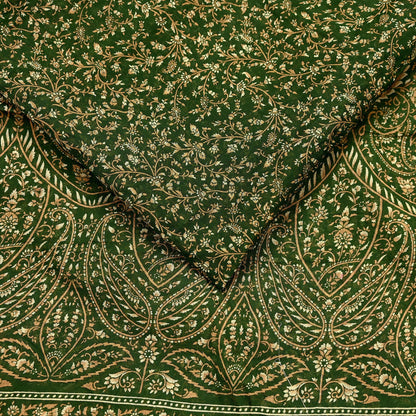 Indian Vintage Sari Beige & Green Pure Cotton Printed Sarees Craft Fabric Soft 5Yd Sarong Wrap Boho Fabric Kimono Quilting Crafting Upcycle