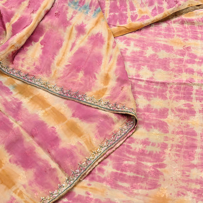 Indian Vintage Saree Multi Pure Crepe Silk Hand Embroidered Tie-Dye Sari Fabric 5yard Sewing Craft Fabric Ethnic Dressmaking Crafting