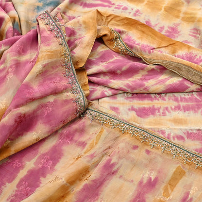 Indian Vintage Saree Multi Pure Crepe Silk Hand Embroidered Tie-Dye Sari Fabric 5yard Sewing Craft Fabric Ethnic Dressmaking Crafting