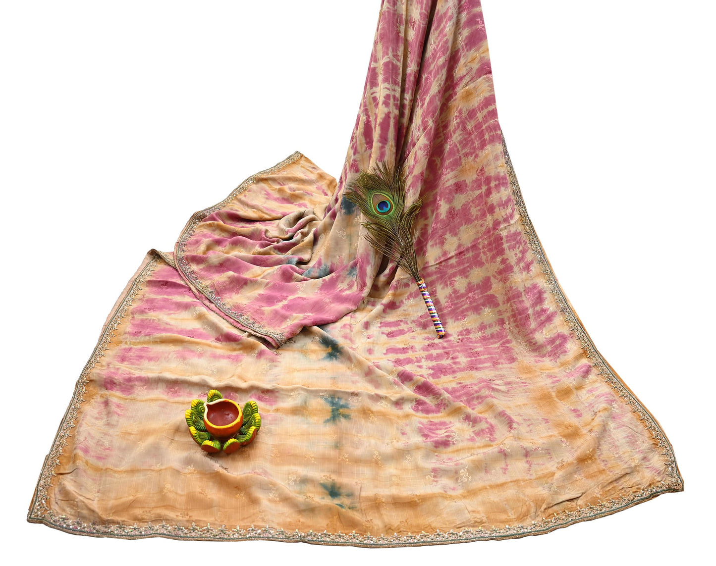 Indian Vintage Saree Multi Pure Crepe Silk Hand Embroidered Tie-Dye Sari Fabric 5yard Sewing Craft Fabric Ethnic Dressmaking Crafting