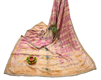 Indian Vintage Saree Multi Pure Crepe Silk Hand Embroidered Tie-Dye Sari Fabric 5yard Sewing Craft Fabric Ethnic Dressmaking Crafting