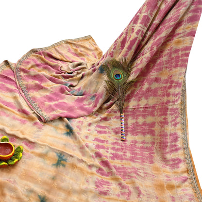 Indian Vintage Saree Multi Pure Crepe Silk Hand Embroidered Tie-Dye Sari Fabric 5yard Sewing Craft Fabric Ethnic Dressmaking Crafting