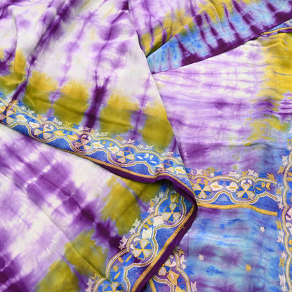 Indian Vintage Blue & Purple Saree Pure Crepe Silk Hand Embroidered Tie-Dye Sari Fabric 5yard Craft Ethnic Zardozi